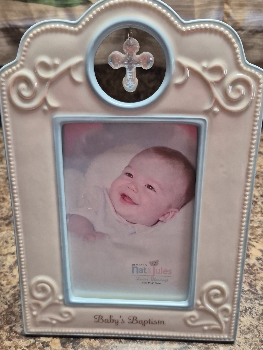 New. Demdaco Ivory Baby Baptism Frame with Cross Accent